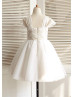 Ivory Lace Tulle Cap Sleeves Champagne Lining Knee Length Flower Girl Dress 